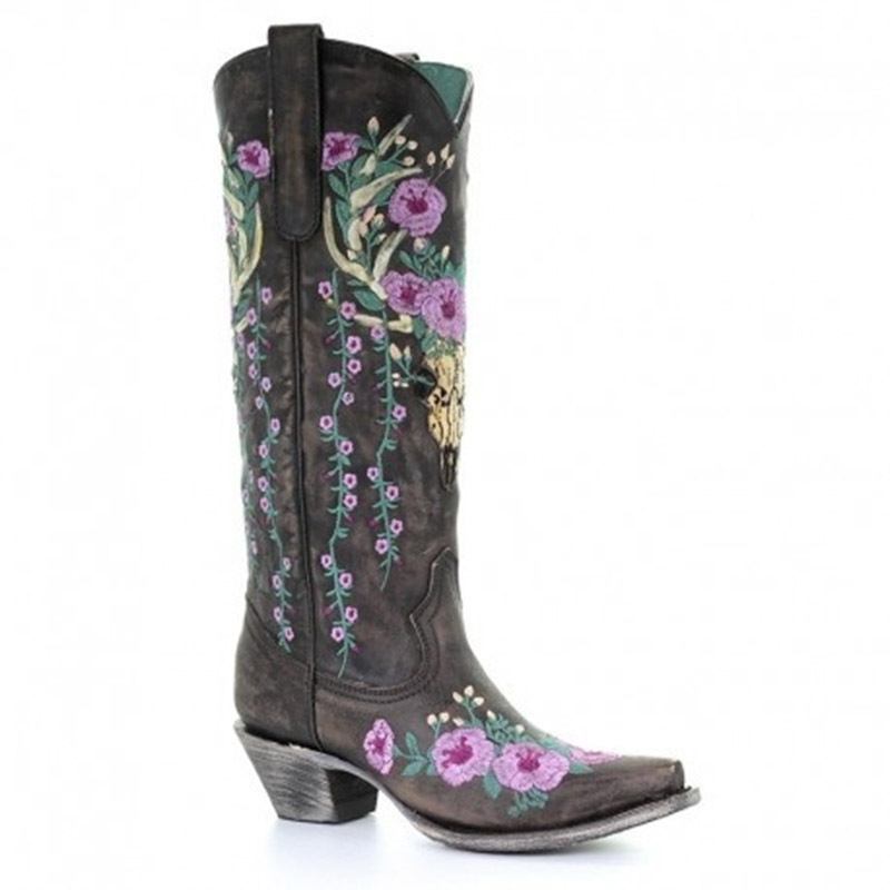 Kvinner Retro Blomster Dyrebroderi Skinn Pointy Toe V-cut Chunky Heel Mid-calf Knight Boots