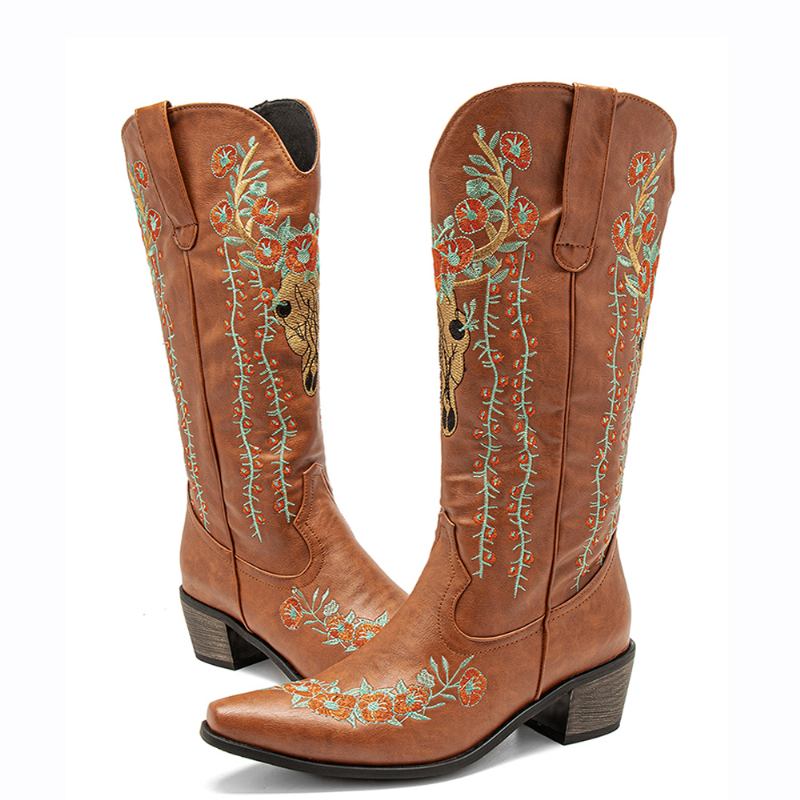 Kvinner Retro Blomster Dyrebroderi Skinn Pointy Toe V-cut Chunky Heel Mid-calf Knight Boots