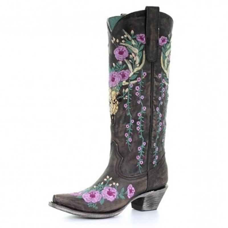 Kvinner Retro Blomster Dyrebroderi Skinn Pointy Toe V-cut Chunky Heel Mid-calf Knight Boots