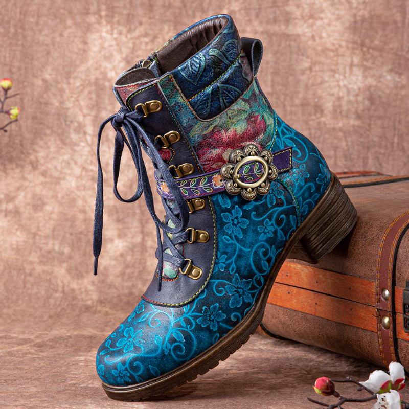 Kvinner Retro Blomstertrykk Lær Snøring Chunky Heels Mid-calf Boots