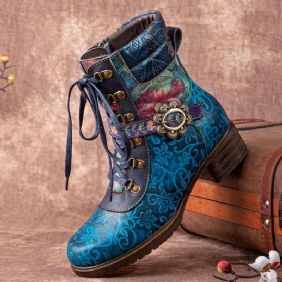 Kvinner Retro Blomstertrykk Lær Snøring Chunky Heels Mid-calf Boots