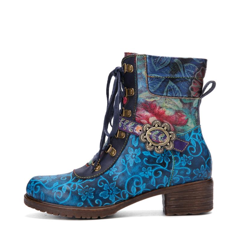 Kvinner Retro Blomstertrykk Lær Snøring Chunky Heels Mid-calf Boots