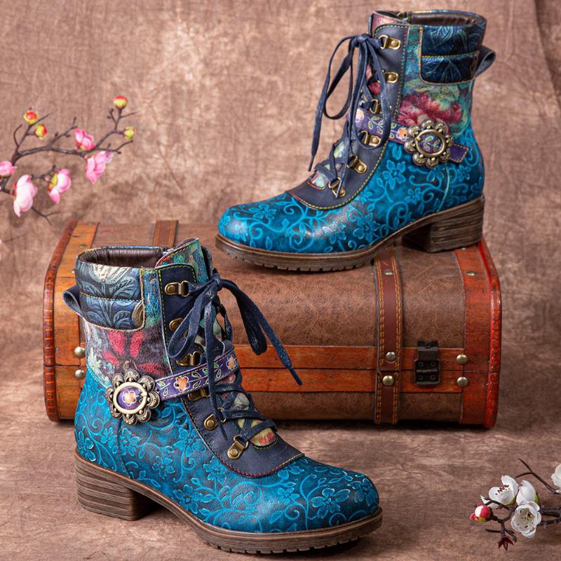 Kvinner Retro Blomstertrykk Lær Snøring Chunky Heels Mid-calf Boots