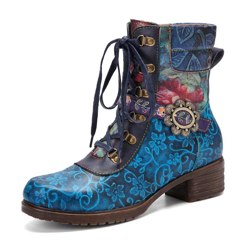 Kvinner Retro Blomstertrykk Lær Snøring Chunky Heels Mid-calf Boots