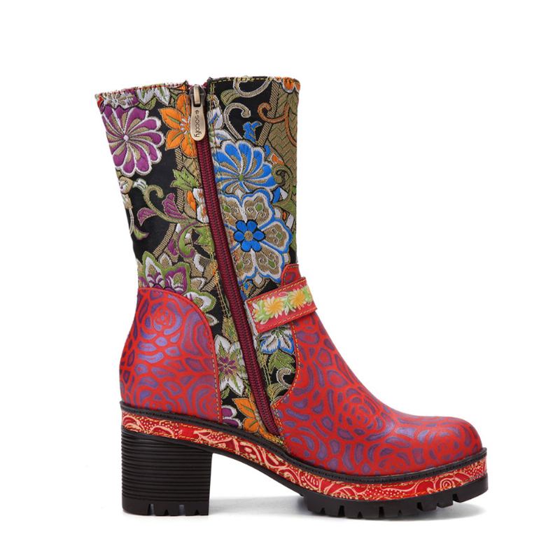 Kvinner Retro Blomstertrykk Skinn Myke Chunky Hæler Mid-calf Boots