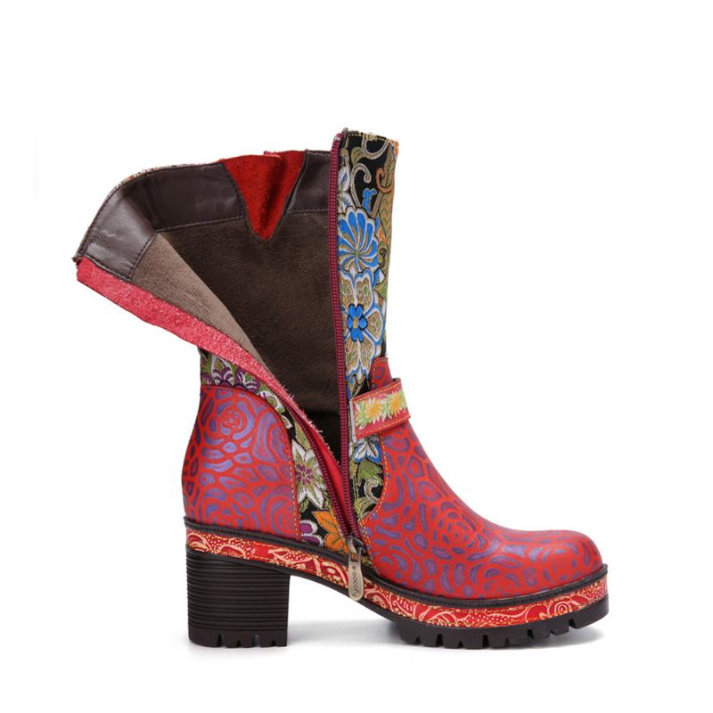 Kvinner Retro Blomstertrykk Skinn Myke Chunky Hæler Mid-calf Boots