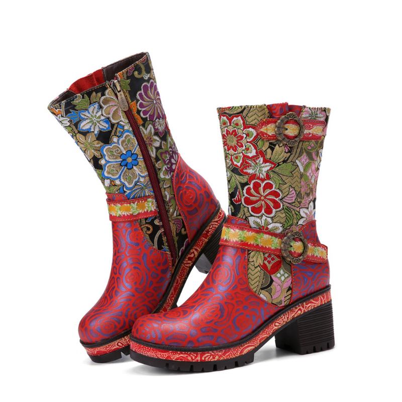 Kvinner Retro Blomstertrykk Skinn Myke Chunky Hæler Mid-calf Boots