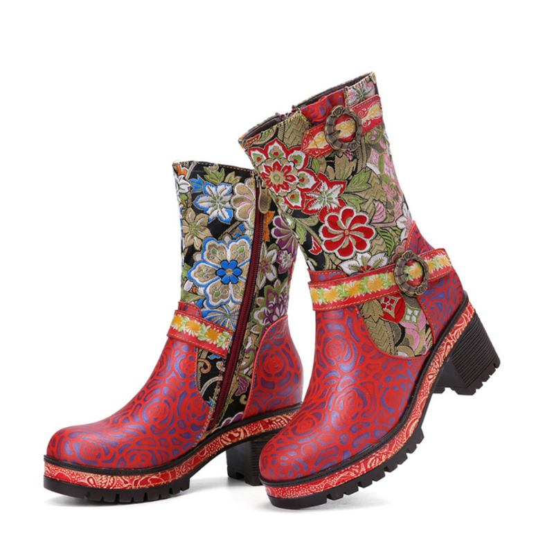 Kvinner Retro Blomstertrykk Skinn Myke Chunky Hæler Mid-calf Boots