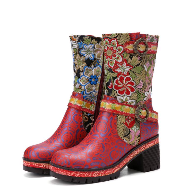 Kvinner Retro Blomstertrykk Skinn Myke Chunky Hæler Mid-calf Boots