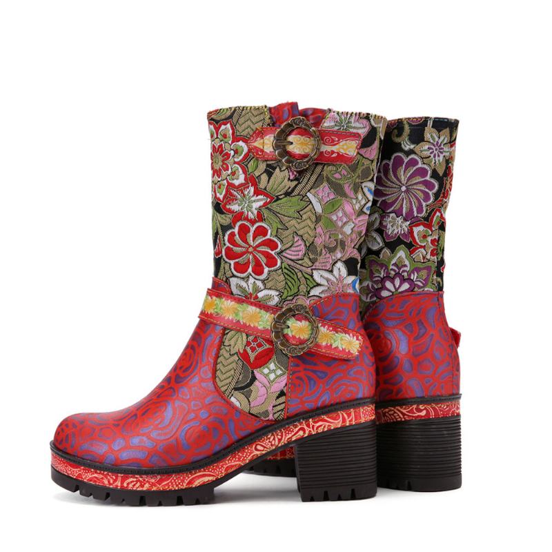 Kvinner Retro Blomstertrykk Skinn Myke Chunky Hæler Mid-calf Boots