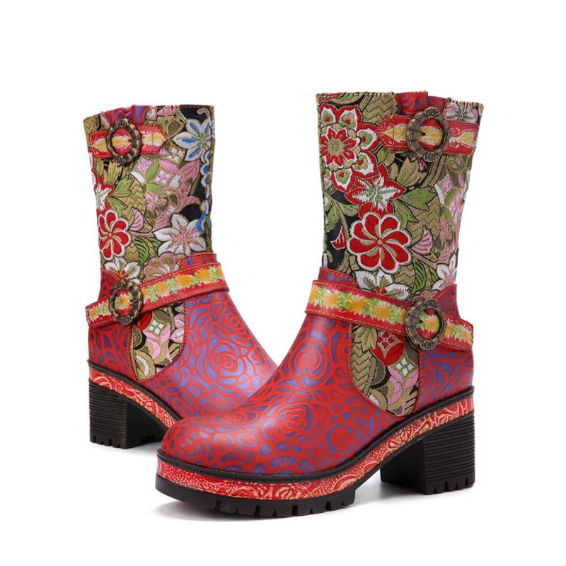 Kvinner Retro Blomstertrykk Skinn Myke Chunky Hæler Mid-calf Boots