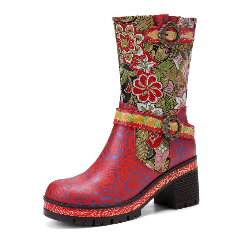 Kvinner Retro Blomstertrykk Skinn Myke Chunky Hæler Mid-calf Boots