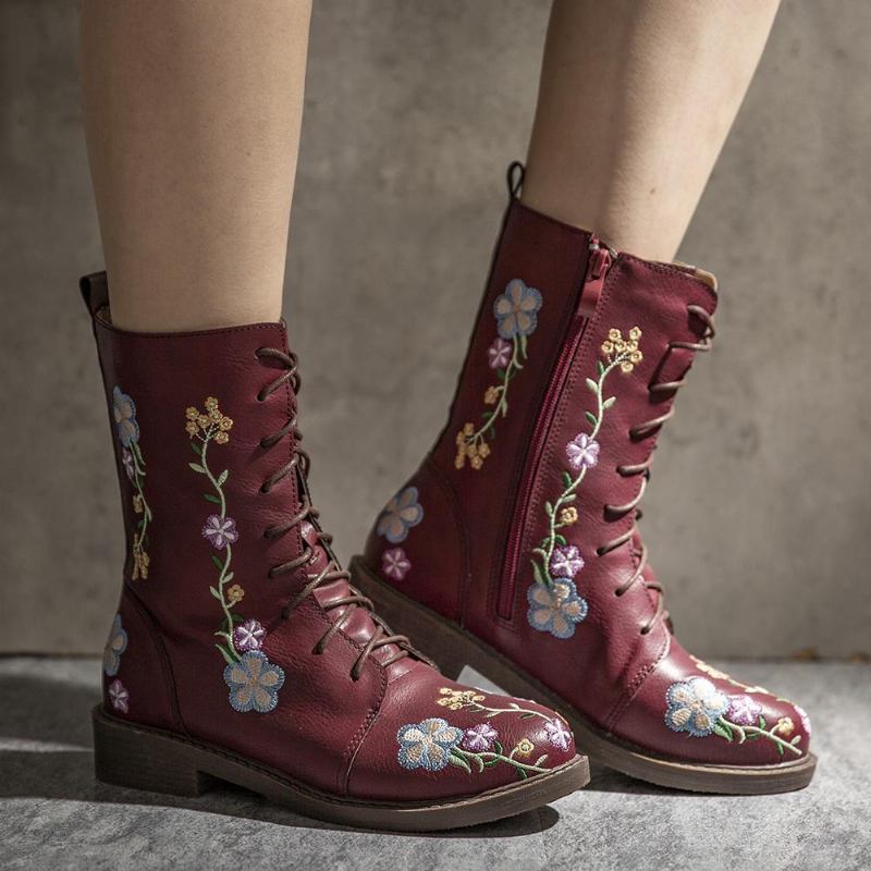 Kvinner Retro Blomstrete Med Trykk Mid Calf Boots