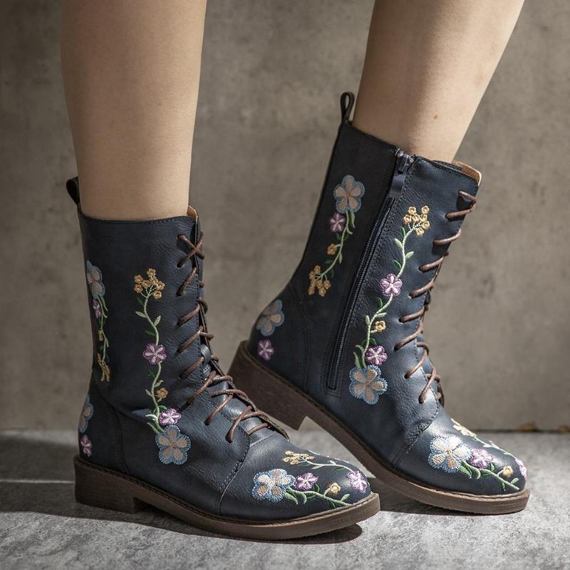 Kvinner Retro Blomstrete Med Trykk Mid Calf Boots