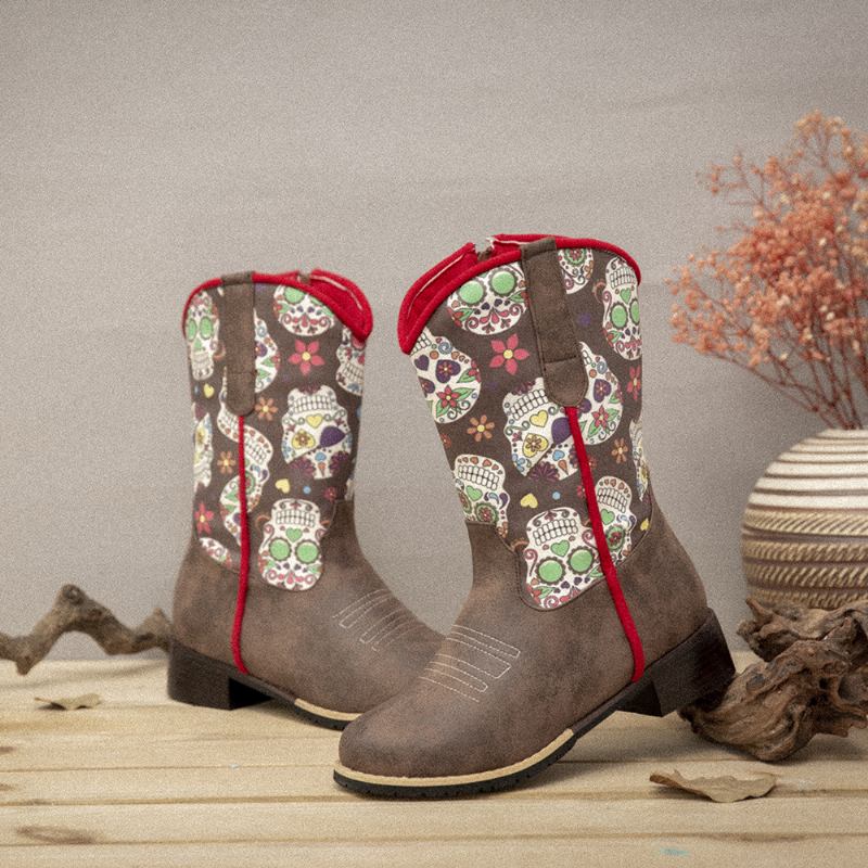 Kvinner Retro Blomstrete Med Trykk Spiss Toe Glidelås Mid-calf Cowboy Boots