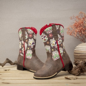 Kvinner Retro Blomstrete Med Trykk Spiss Toe Glidelås Mid-calf Cowboy Boots