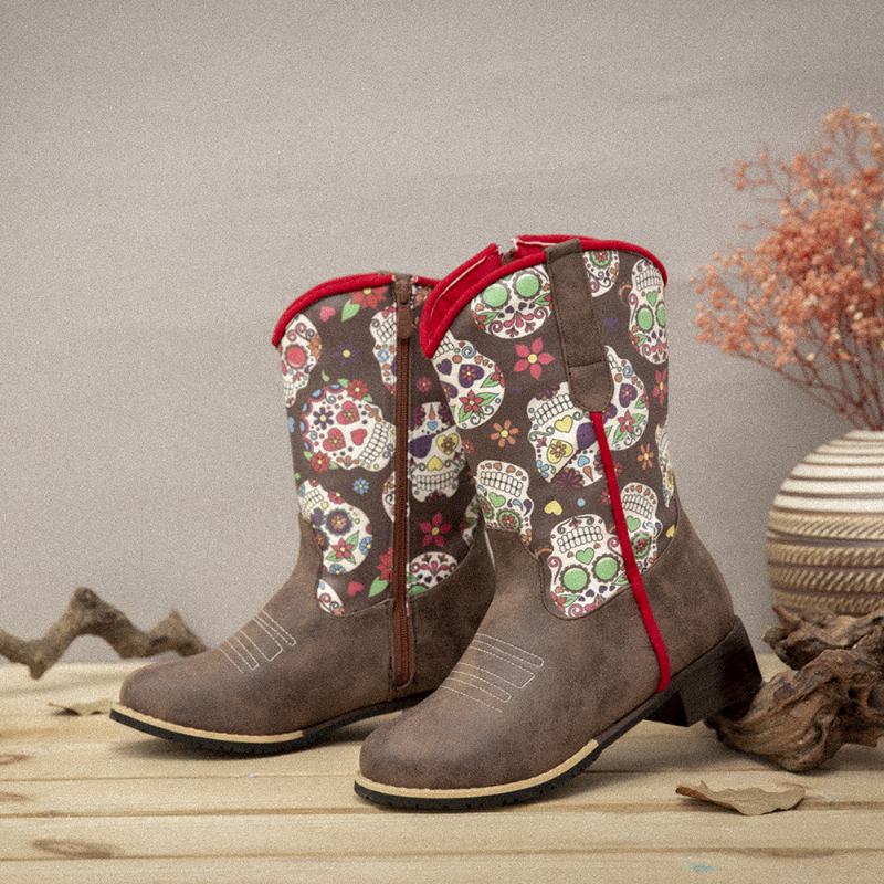 Kvinner Retro Blomstrete Med Trykk Spiss Toe Glidelås Mid-calf Cowboy Boots