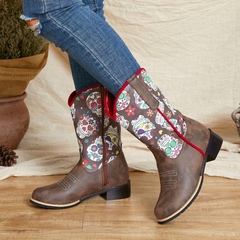 Kvinner Retro Blomstrete Med Trykk Spiss Toe Glidelås Mid-calf Cowboy Boots