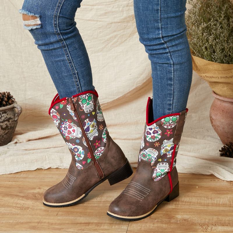 Kvinner Retro Blomstrete Med Trykk Spiss Toe Glidelås Mid-calf Cowboy Boots