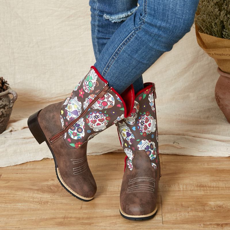 Kvinner Retro Blomstrete Med Trykk Spiss Toe Glidelås Mid-calf Cowboy Boots