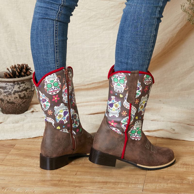 Kvinner Retro Blomstrete Med Trykk Spiss Toe Glidelås Mid-calf Cowboy Boots