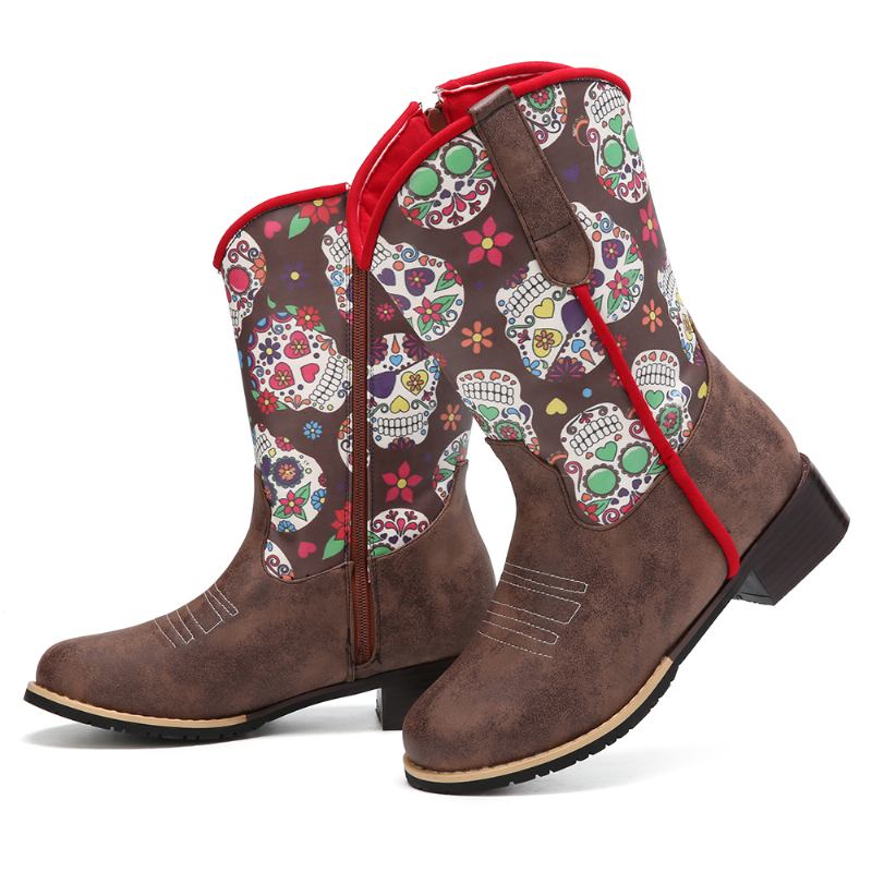 Kvinner Retro Blomstrete Med Trykk Spiss Toe Glidelås Mid-calf Cowboy Boots