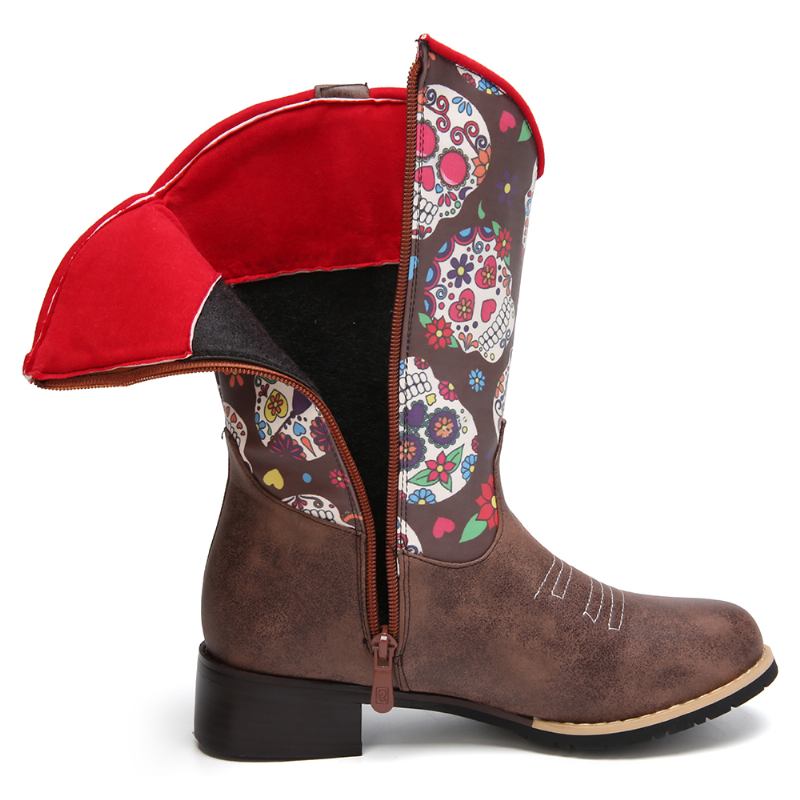 Kvinner Retro Blomstrete Med Trykk Spiss Toe Glidelås Mid-calf Cowboy Boots