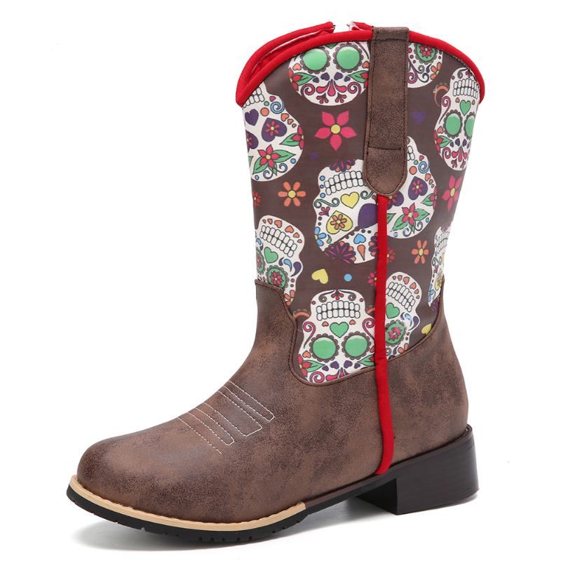 Kvinner Retro Blomstrete Med Trykk Spiss Toe Glidelås Mid-calf Cowboy Boots