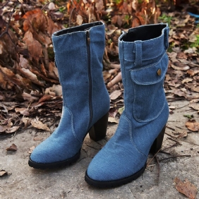 Kvinner Retro Denim Cloth Side Zip Veske Dekor Chunky Heel Mid Calf Boots