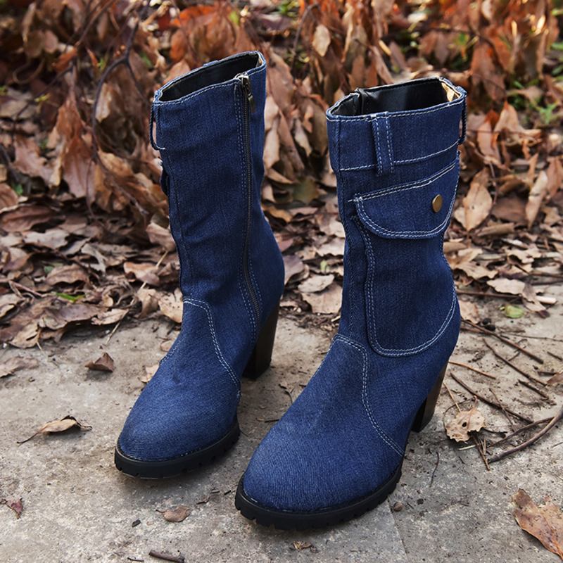 Kvinner Retro Denim Cloth Side Zip Veske Dekor Chunky Heel Mid Calf Boots