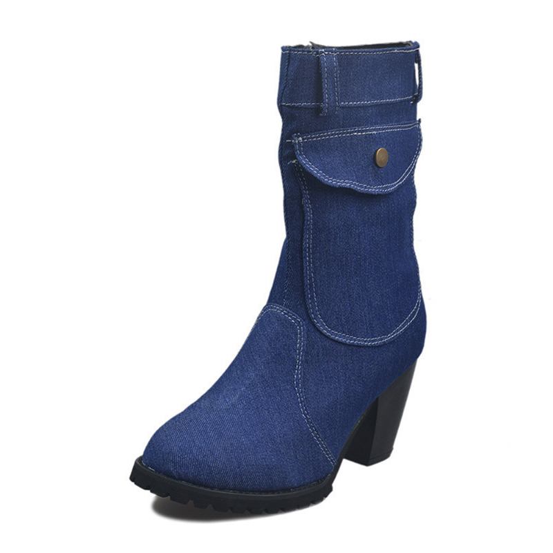 Kvinner Retro Denim Cloth Side Zip Veske Dekor Chunky Heel Mid Calf Boots