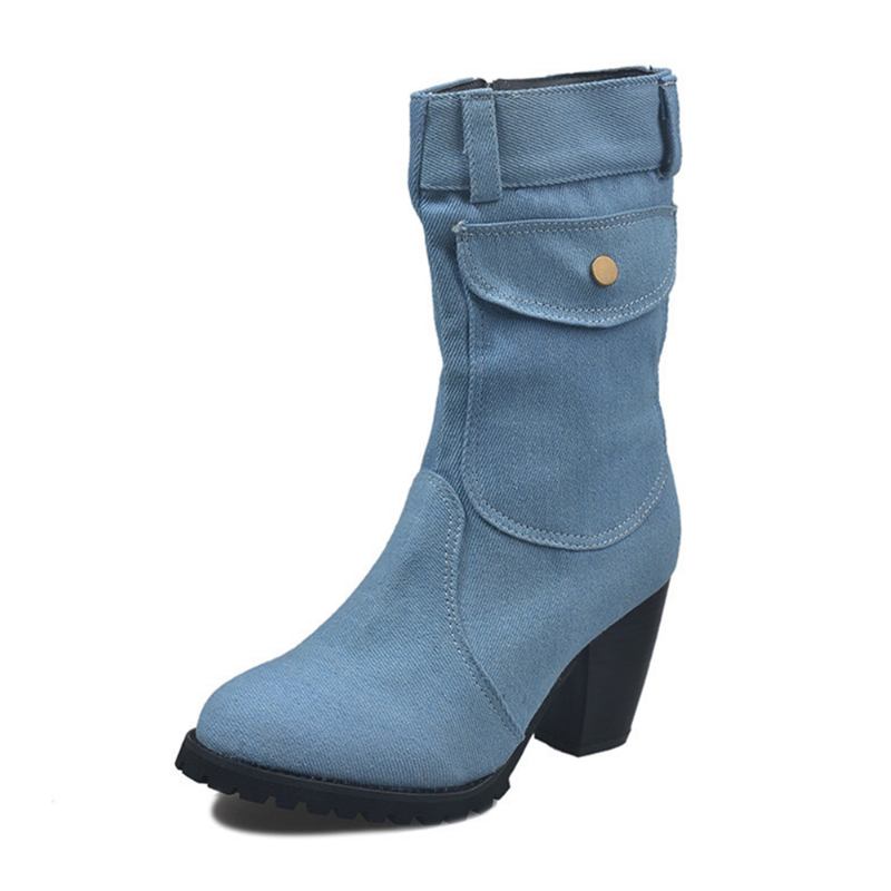 Kvinner Retro Denim Cloth Side Zip Veske Dekor Chunky Heel Mid Calf Boots