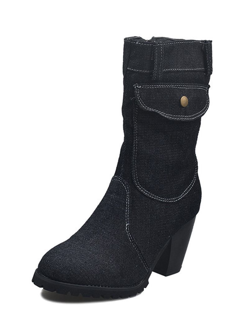 Kvinner Retro Denim Cloth Side Zip Veske Dekor Chunky Heel Mid Calf Boots