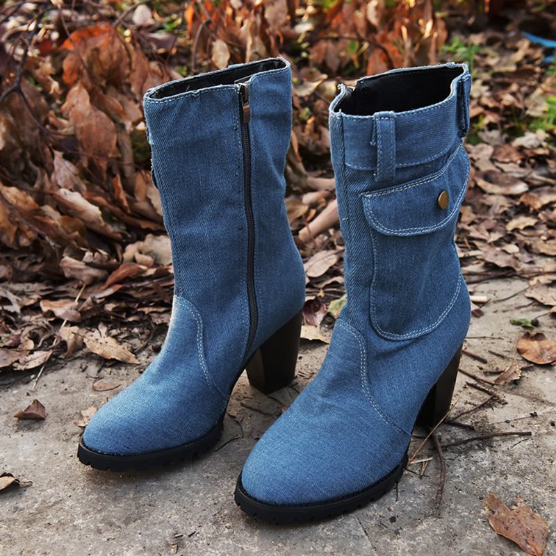 Kvinner Retro Denim Cloth Side Zip Veske Dekor Chunky Heel Mid Calf Boots