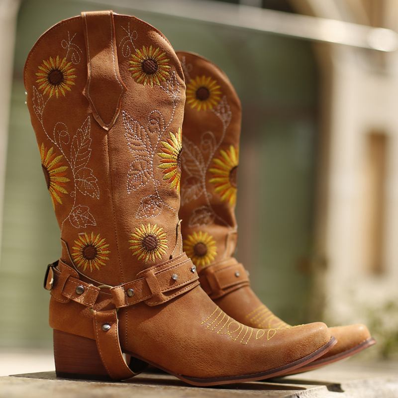 Kvinner Retro Solsikker Mønster Spiss Tå Chunky Heel Sele Cowboy Boots