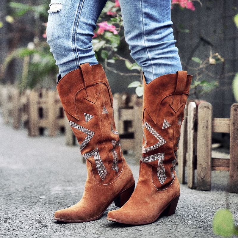 Plus Size Dame Semsket Rhinestone Chunky Heel Knee Cowboy Boots