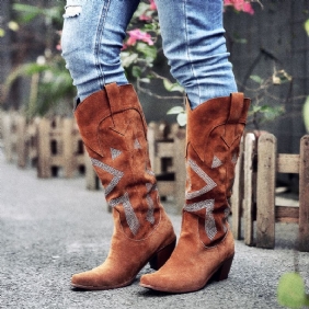 Plus Size Dame Semsket Rhinestone Chunky Heel Knee Cowboy Boots