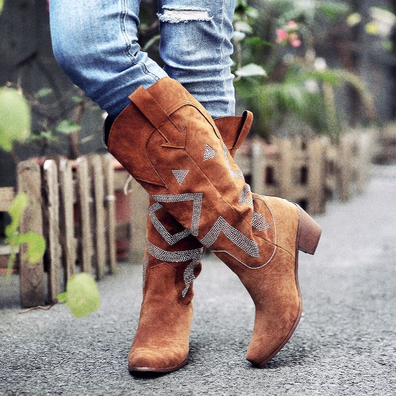 Plus Size Dame Semsket Rhinestone Chunky Heel Knee Cowboy Boots