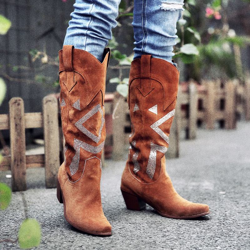 Plus Size Dame Semsket Rhinestone Chunky Heel Knee Cowboy Boots