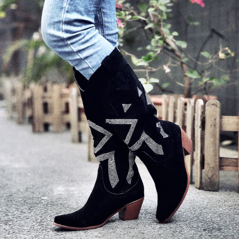 Plus Size Dame Semsket Rhinestone Chunky Heel Knee Cowboy Boots