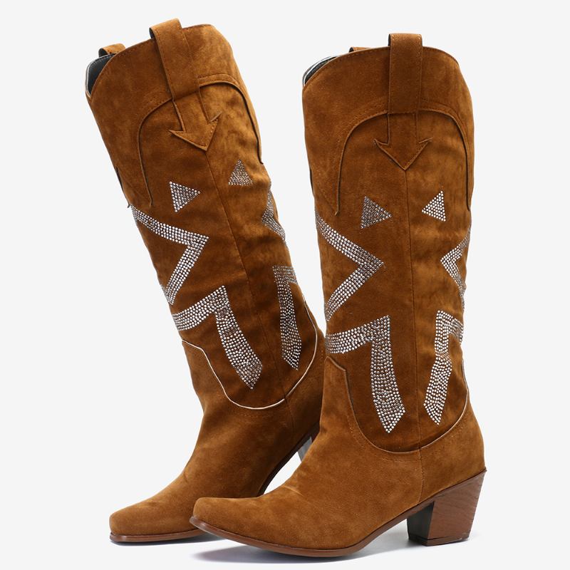 Plus Size Dame Semsket Rhinestone Chunky Heel Knee Cowboy Boots