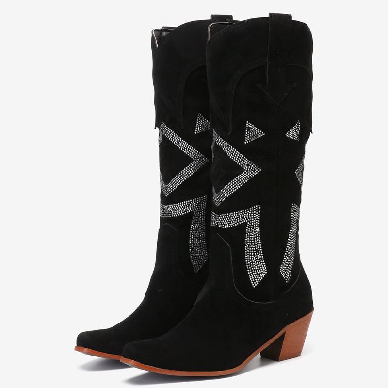 Plus Size Dame Semsket Rhinestone Chunky Heel Knee Cowboy Boots