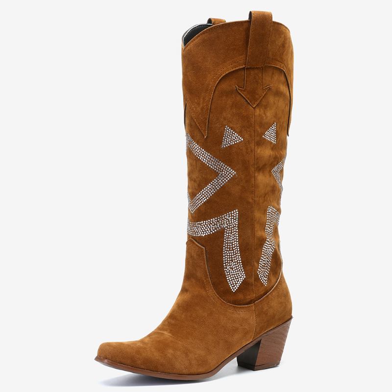 Plus Size Dame Semsket Rhinestone Chunky Heel Knee Cowboy Boots