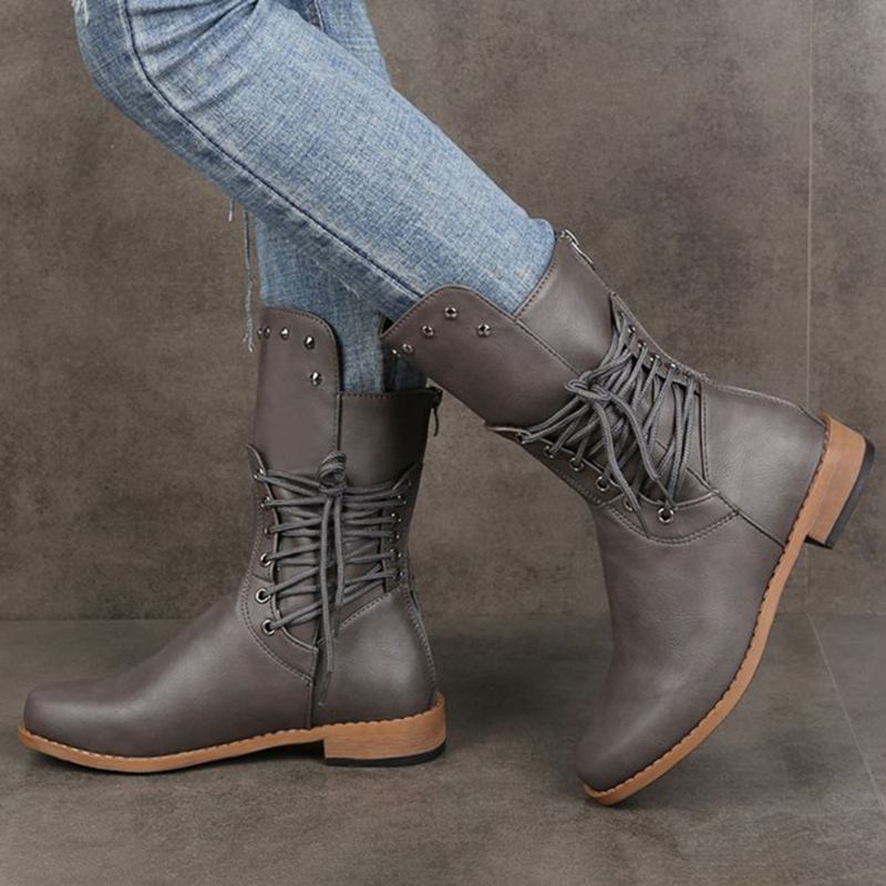 Plus Size Kvinner Retro Nagle Cross Strap Tilbake Glidelås Mid Calf Boots