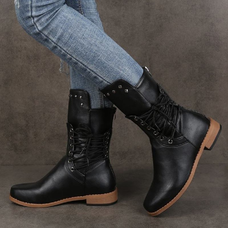 Plus Size Kvinner Retro Nagle Cross Strap Tilbake Glidelås Mid Calf Boots