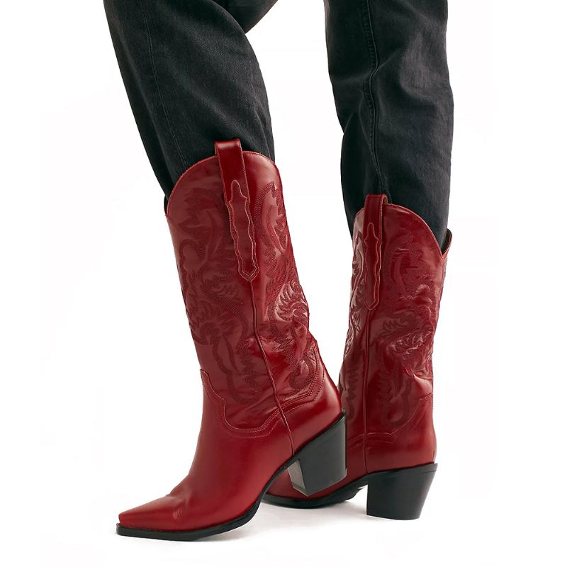 Plus Size Retro Dame Blomstrete Chunky Heel Mid-calf Cowboy Boots