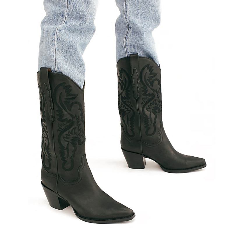 Plus Size Retro Dame Blomstrete Chunky Heel Mid-calf Cowboy Boots