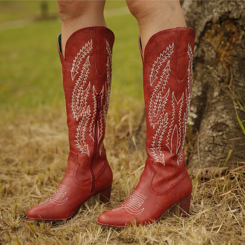 Pluss Størrelse Kvinner Retro Rød Spiss Tå Brodert Tykk Hæl Cowboystøvler Med Glidelås