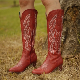 Pluss Størrelse Kvinner Retro Rød Spiss Tå Brodert Tykk Hæl Cowboystøvler Med Glidelås