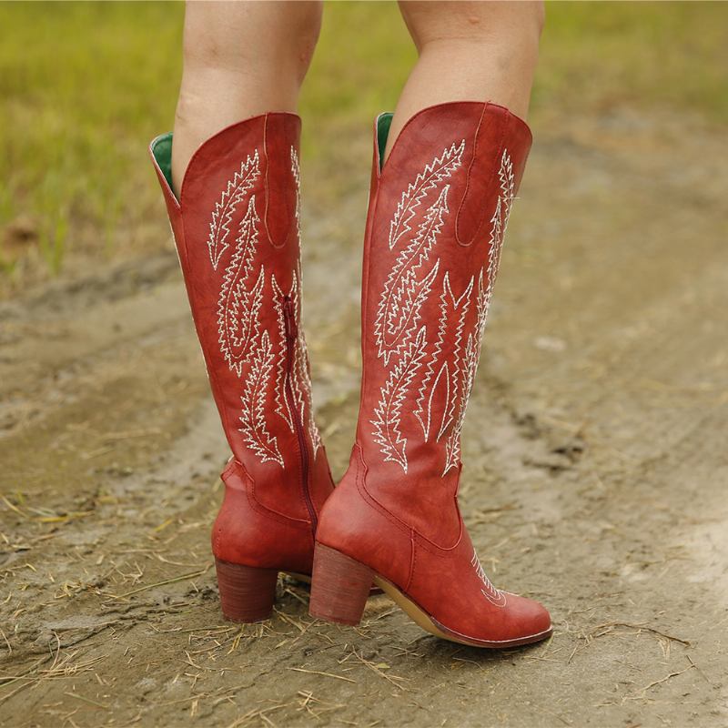 Pluss Størrelse Kvinner Retro Rød Spiss Tå Brodert Tykk Hæl Cowboystøvler Med Glidelås